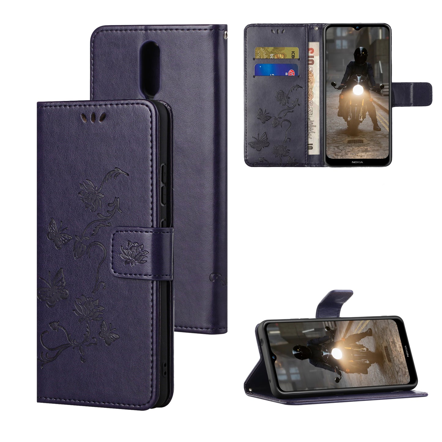 Imprint Butterfly Flower Wallet Leather Stand Cover Case for Nokia 2.4