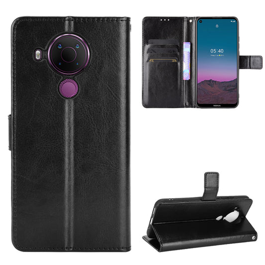 Crazy Horse Skin Leather Phone Wallet Stand Cover Shell with Lanyard for Nokia 5.4