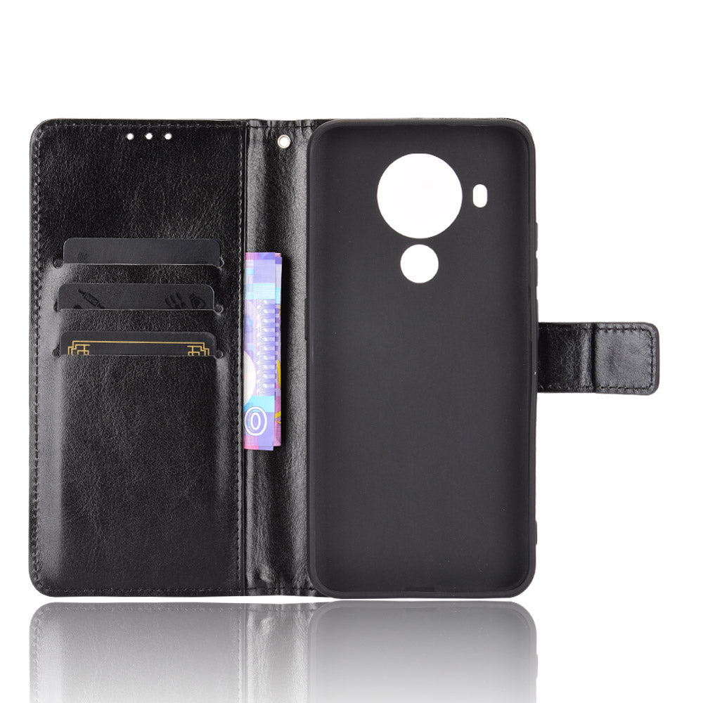 Crazy Horse Skin Leather Phone Wallet Stand Cover Shell with Lanyard for Nokia 5.4
