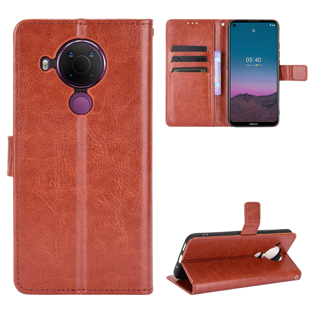 Crazy Horse Skin Leather Phone Wallet Stand Cover Shell with Lanyard for Nokia 5.4