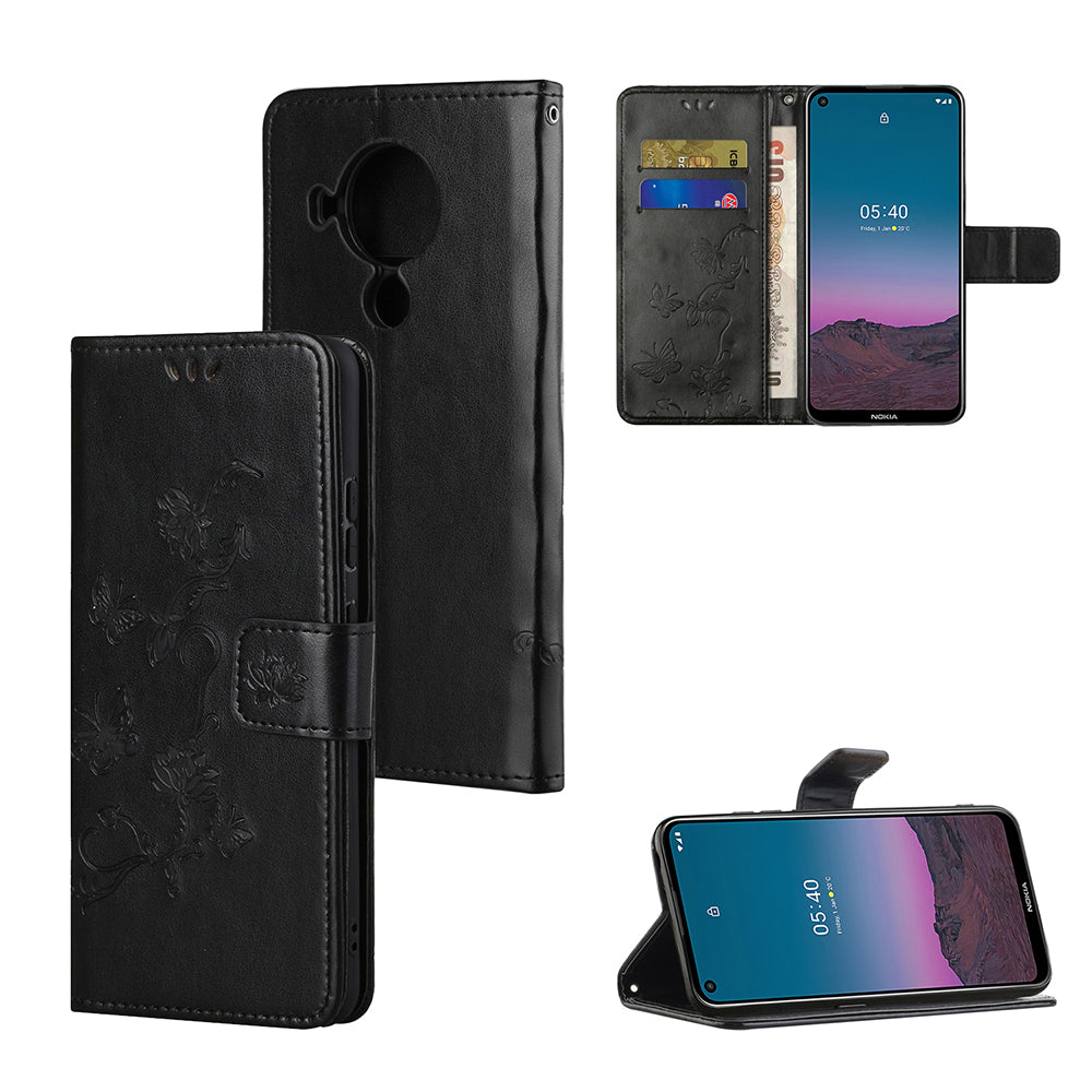 Imprint Butterfly Flower Leather Wallet Stand Phone Cover for Nokia 5.4