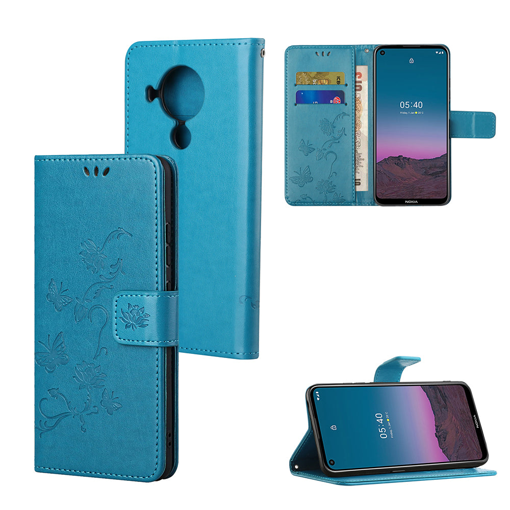 Imprint Butterfly Flower Leather Wallet Stand Phone Cover for Nokia 5.4