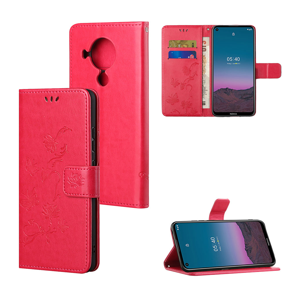 Imprint Butterfly Flower Leather Wallet Stand Phone Cover for Nokia 5.4