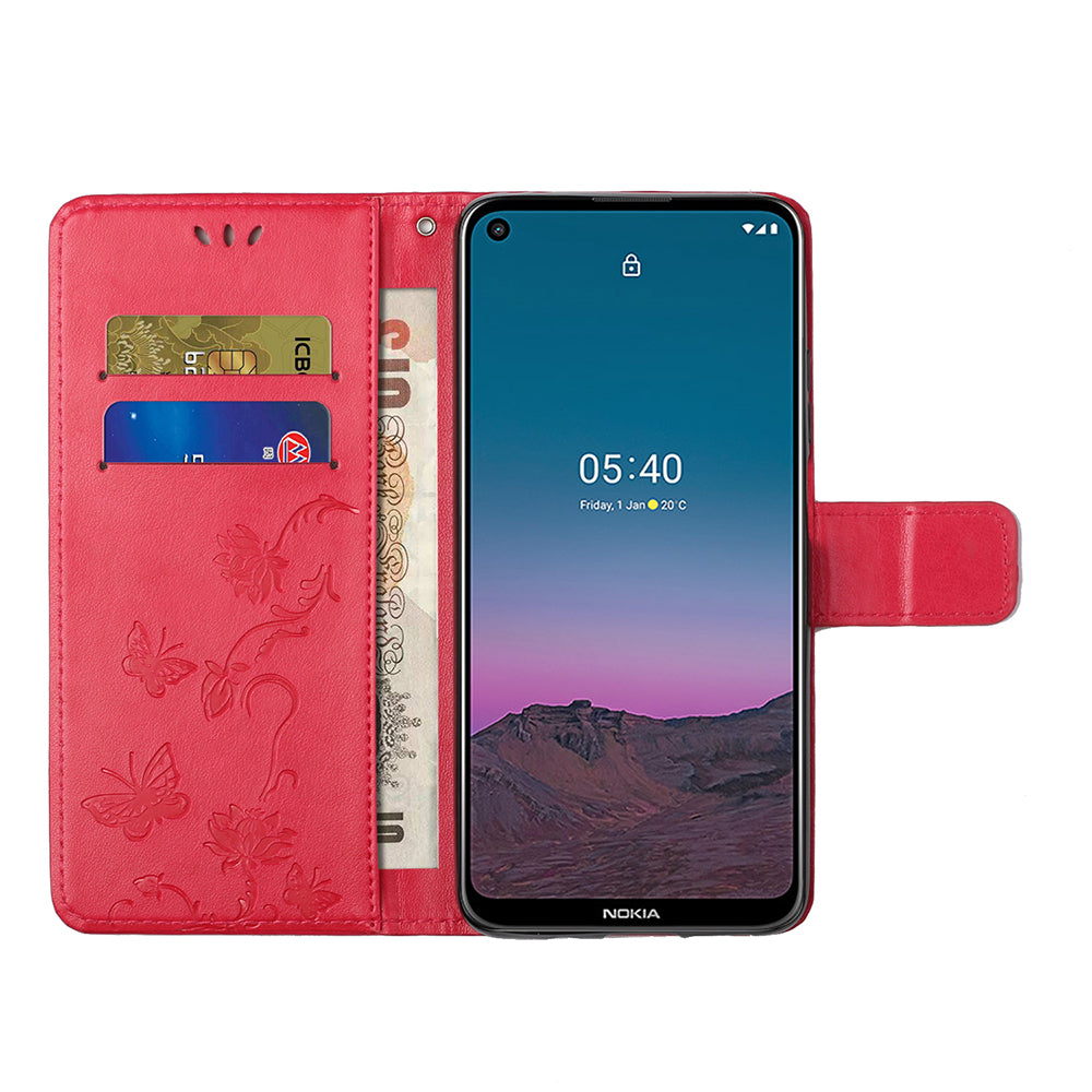 Imprint Butterfly Flower Leather Wallet Stand Phone Cover for Nokia 5.4
