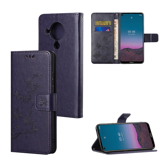 Imprint Butterfly Flower Leather Wallet Stand Phone Cover for Nokia 5.4