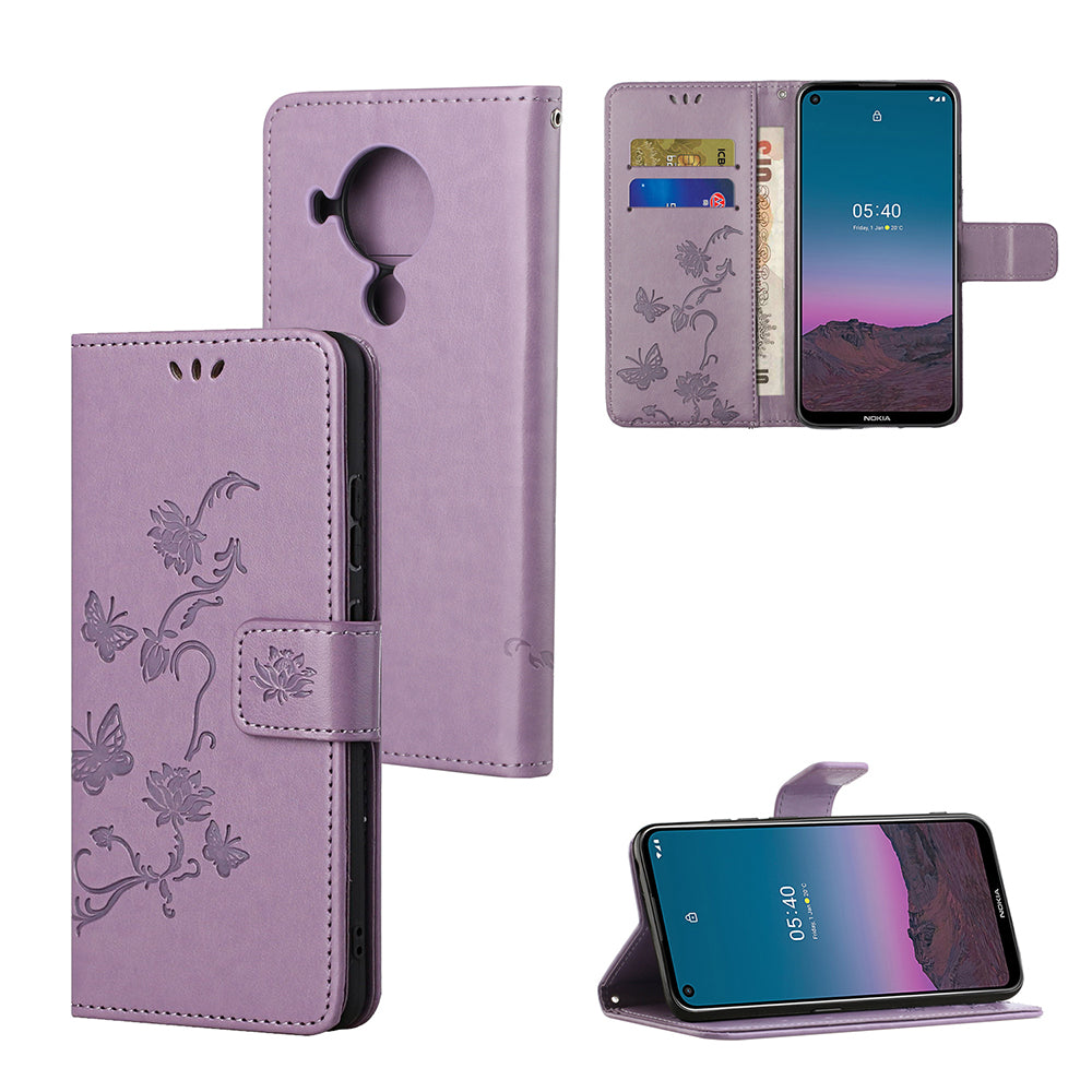 Imprint Butterfly Flower Leather Wallet Stand Phone Cover for Nokia 5.4