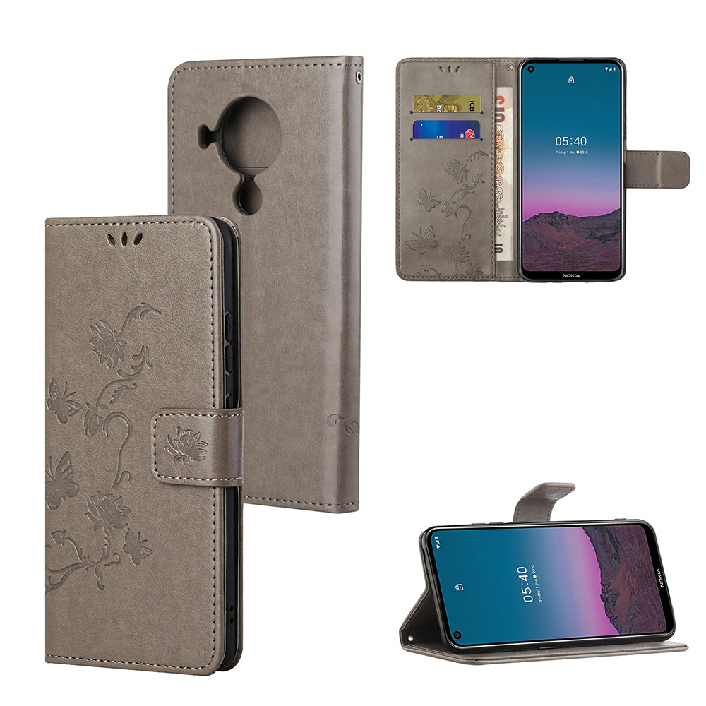 Imprint Butterfly Flower Leather Wallet Stand Phone Cover for Nokia 5.4