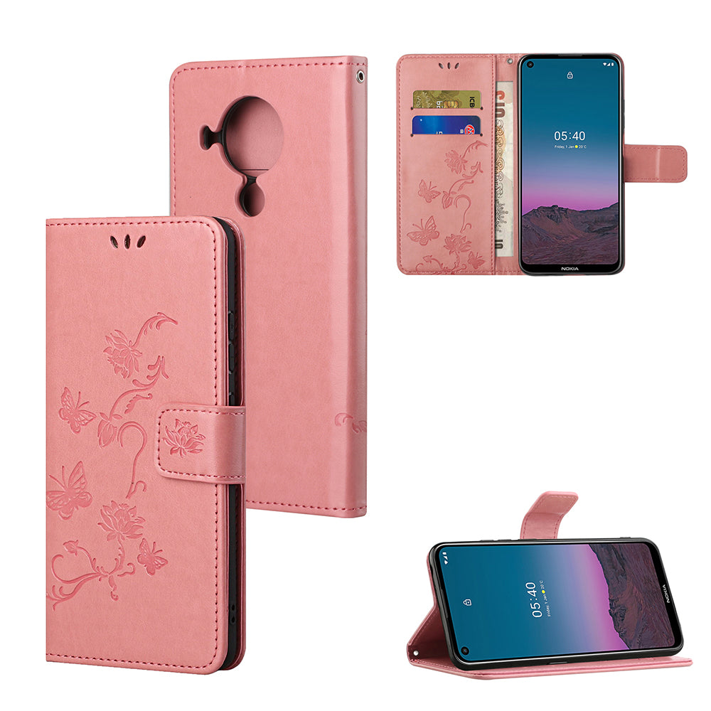 Imprint Butterfly Flower Leather Wallet Stand Phone Cover for Nokia 5.4