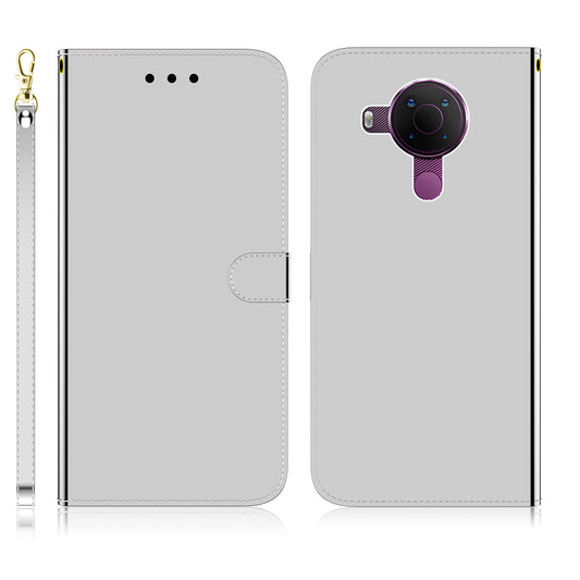 Wallet Design Mirror-like Surface Leather Stand Case with Wrist Strap for Nokia 5.4