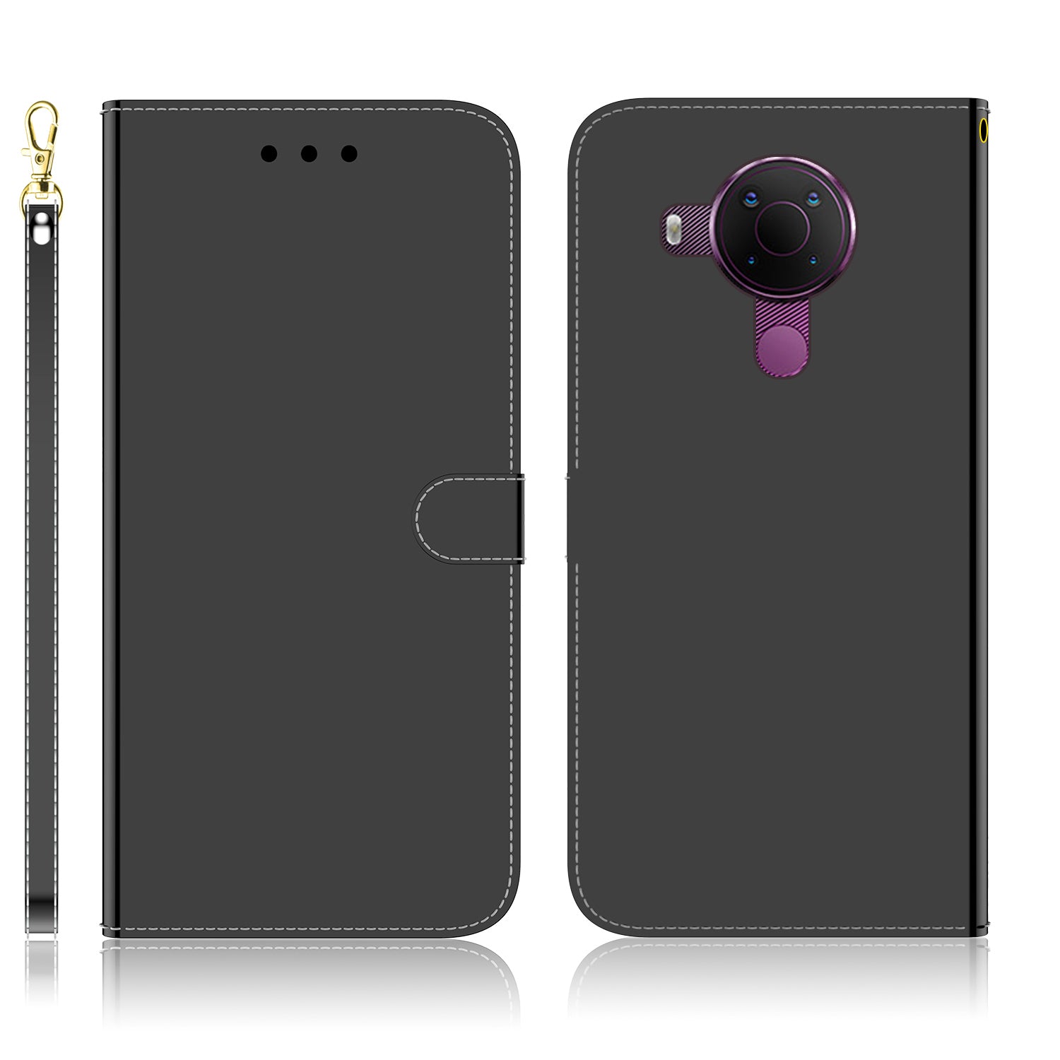 Wallet Design Mirror-like Surface Leather Stand Case with Wrist Strap for Nokia 5.4