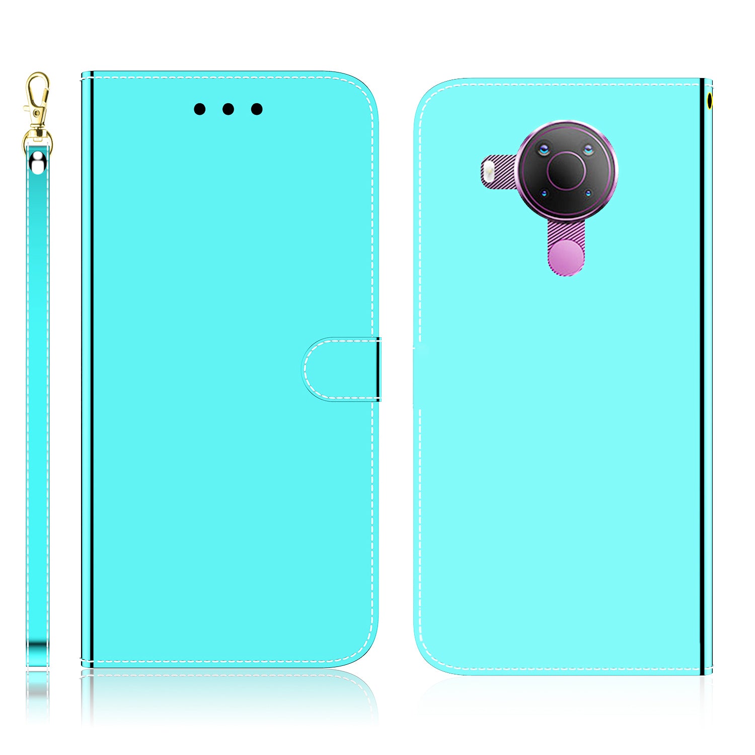 Wallet Design Mirror-like Surface Leather Stand Case with Wrist Strap for Nokia 5.4