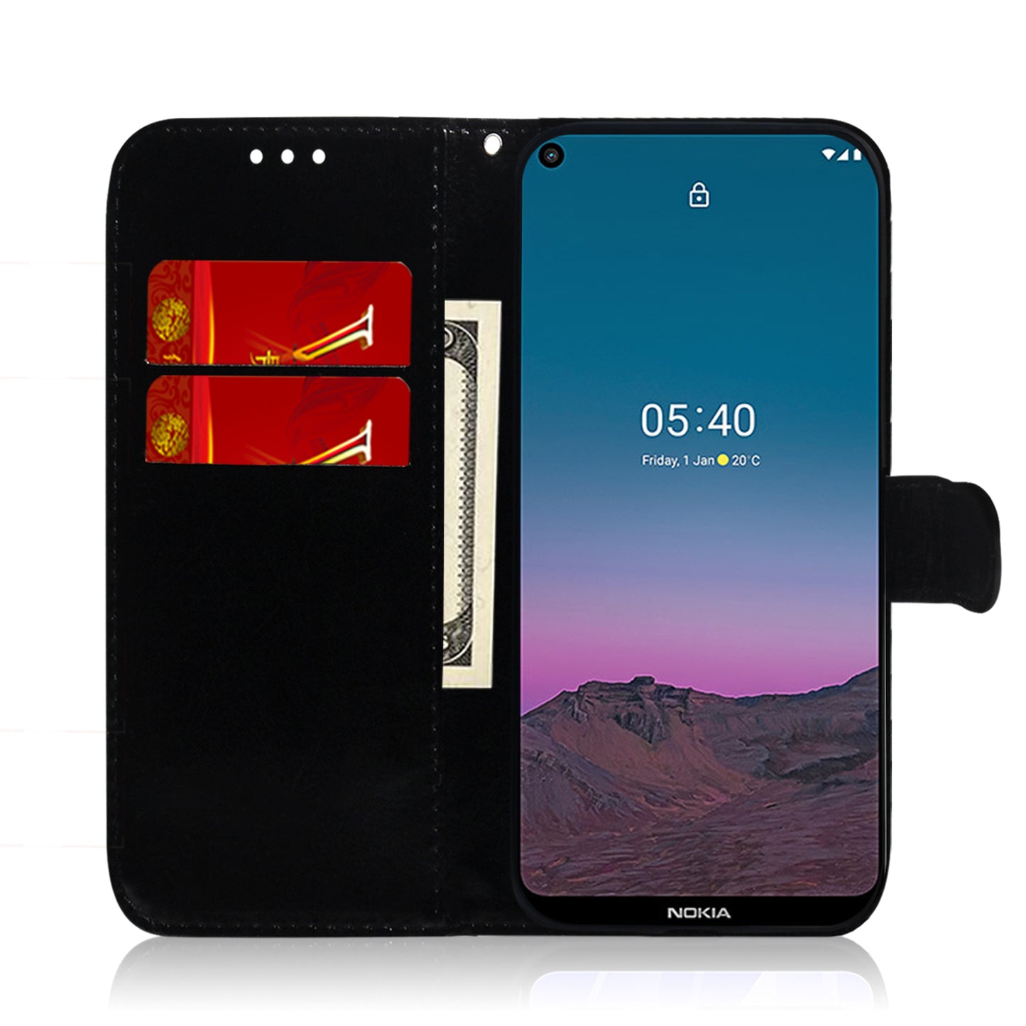 Wallet Design Mirror-like Surface Leather Stand Case with Wrist Strap for Nokia 5.4