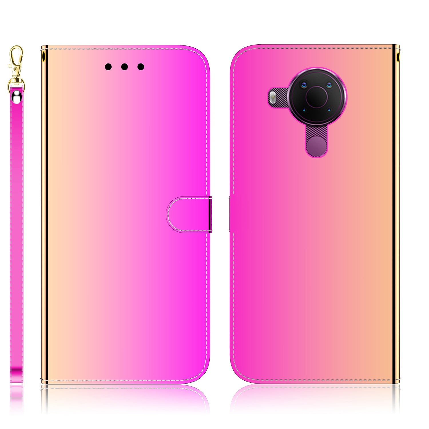 Wallet Design Mirror-like Surface Leather Stand Case with Wrist Strap for Nokia 5.4