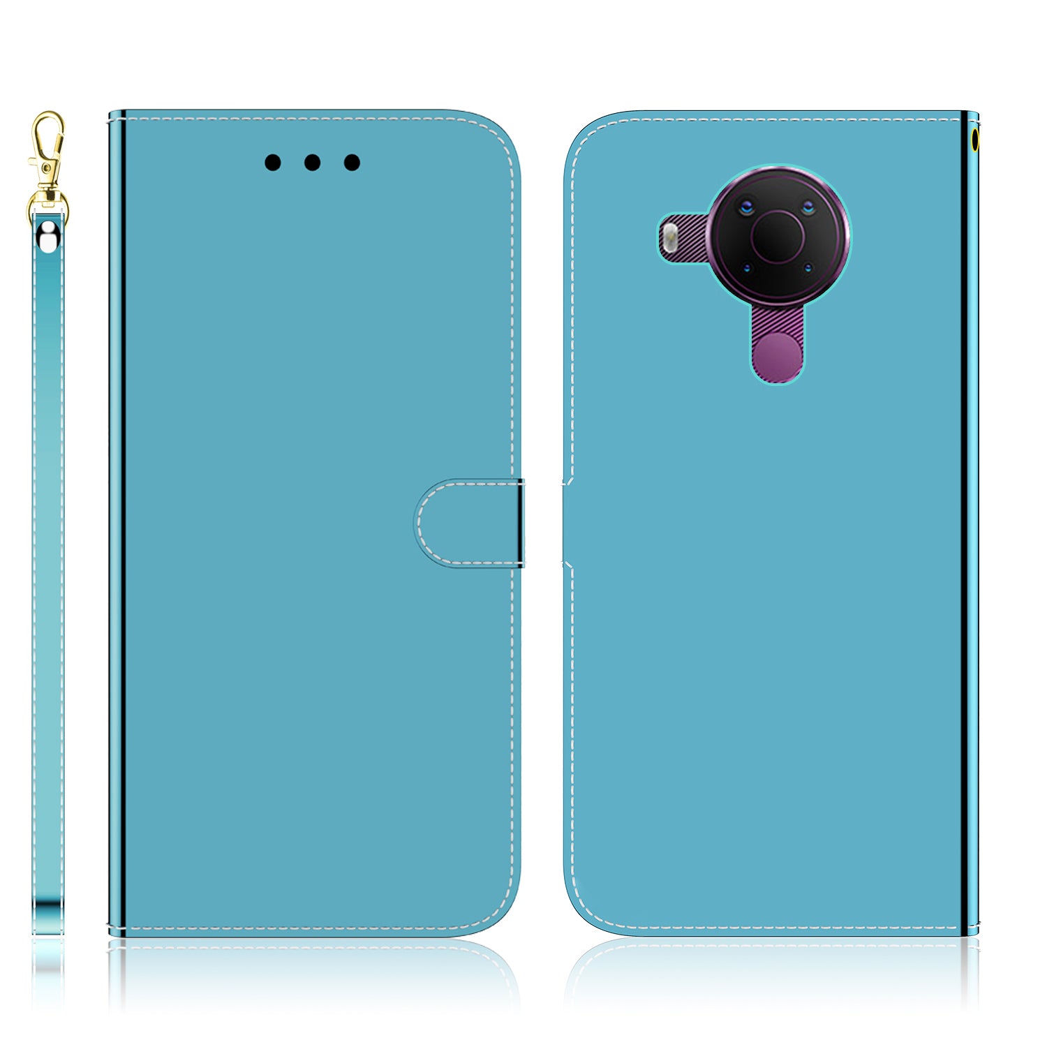 Wallet Design Mirror-like Surface Leather Stand Case with Wrist Strap for Nokia 5.4