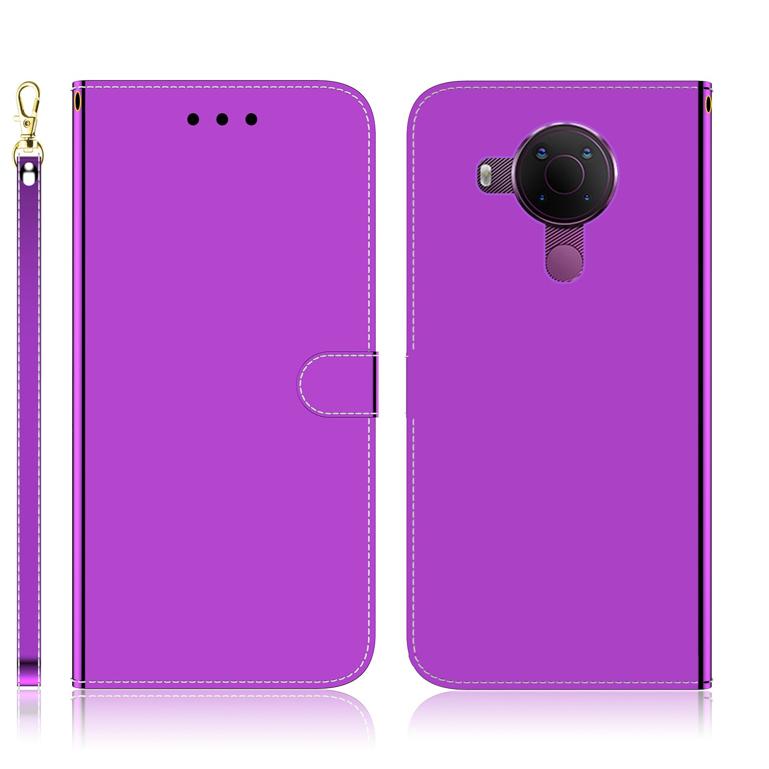 Wallet Design Mirror-like Surface Leather Stand Case with Wrist Strap for Nokia 5.4