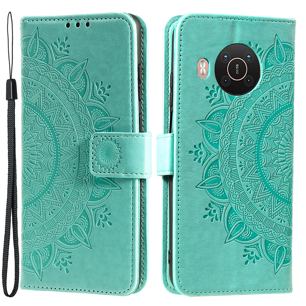 Imprinted Mandala Totem Pattern PU Leather Wallet Cover Case with Strap for Nokia X20