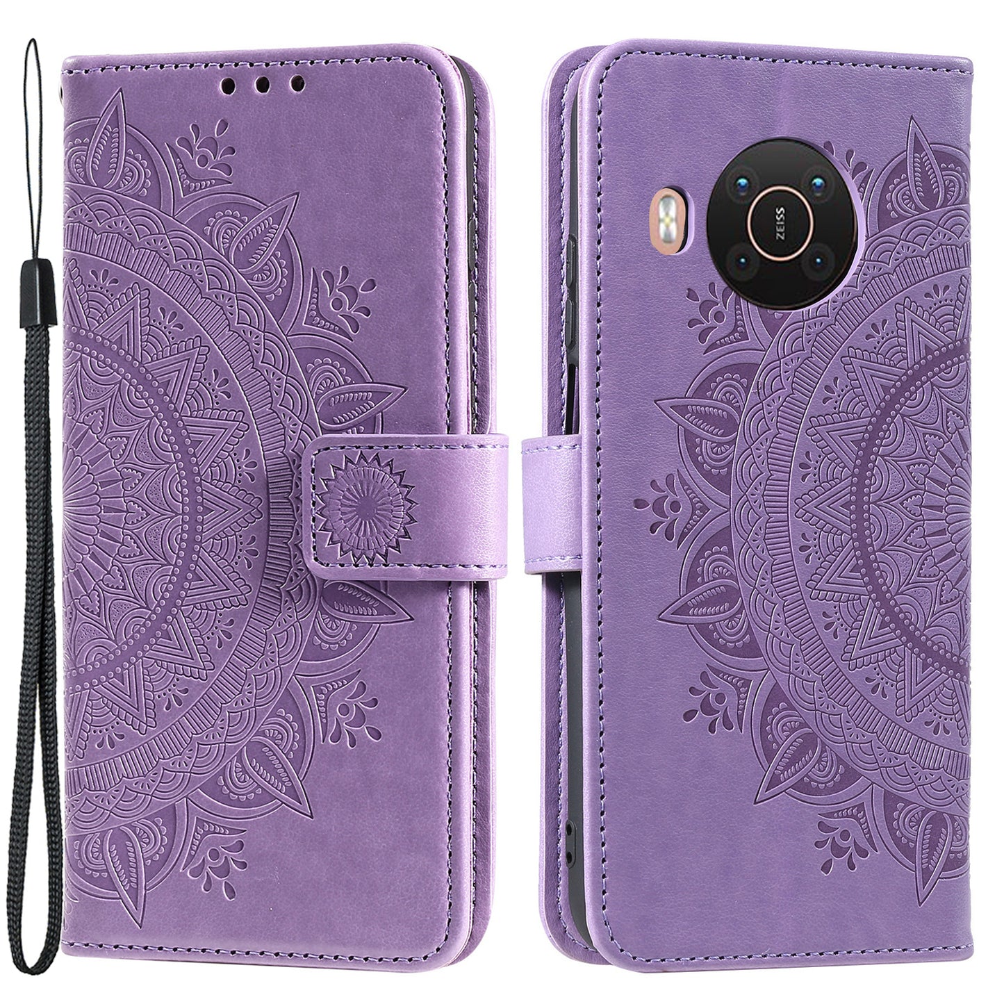 Imprinted Mandala Totem Pattern PU Leather Wallet Cover Case with Strap for Nokia X20