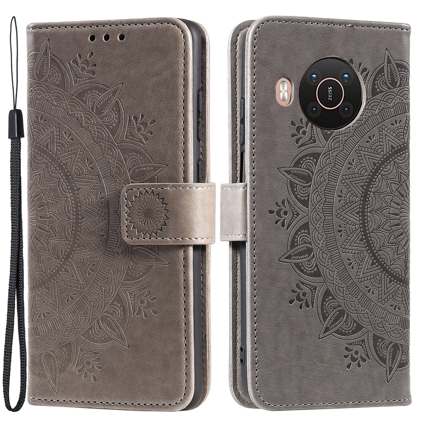 Imprinted Mandala Totem Pattern PU Leather Wallet Cover Case with Strap for Nokia X20
