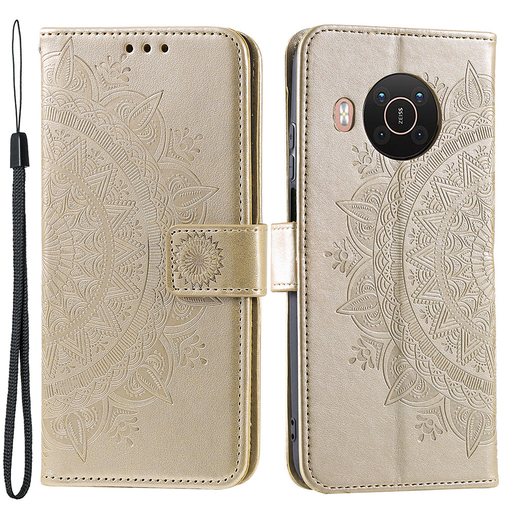 Imprinted Mandala Totem Pattern PU Leather Wallet Cover Case with Strap for Nokia X20