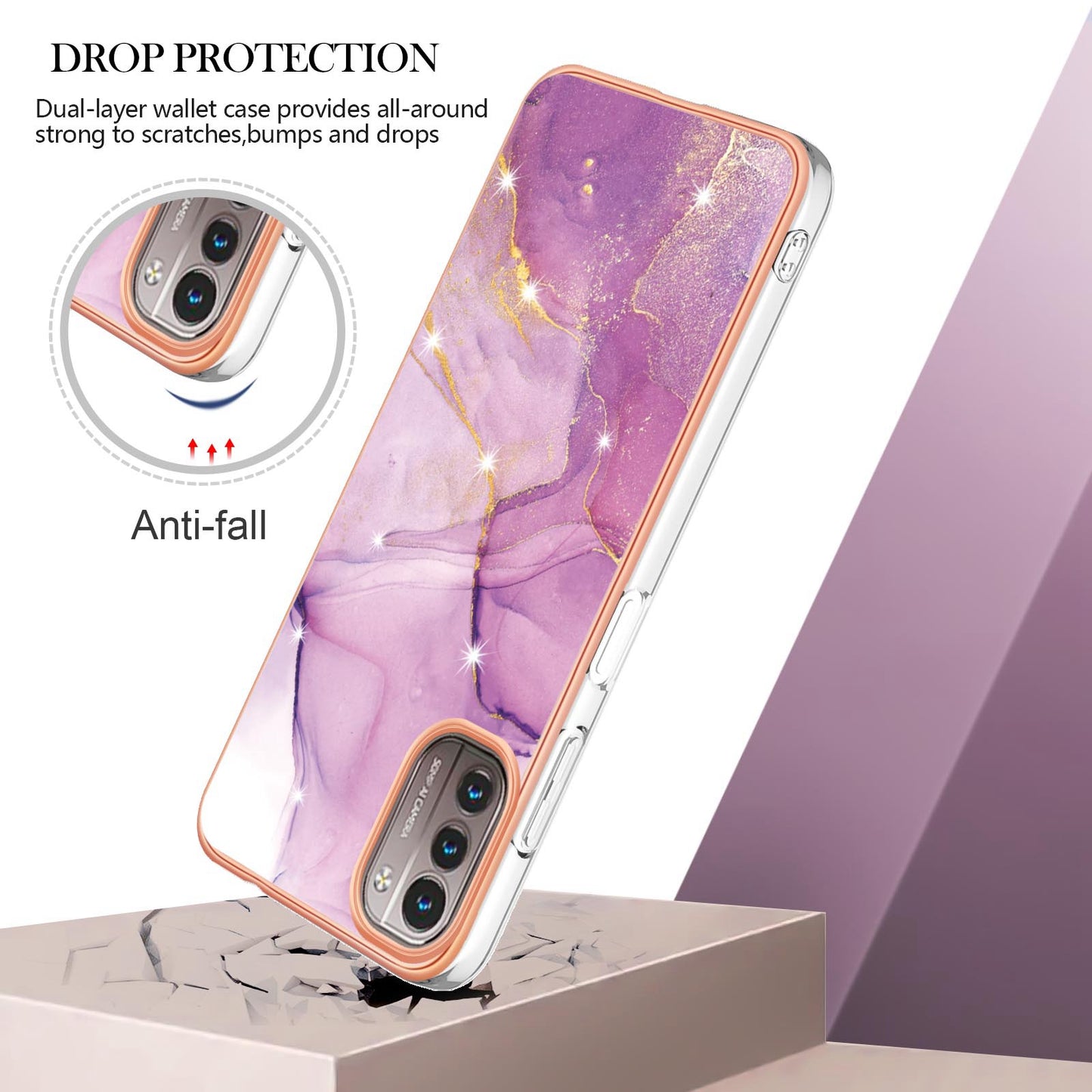 YB IMD Series-2 Phone Case for Nokia G21/G11, Soft Touch Electroplating Frame IMD Marble Pattern TPU Cover