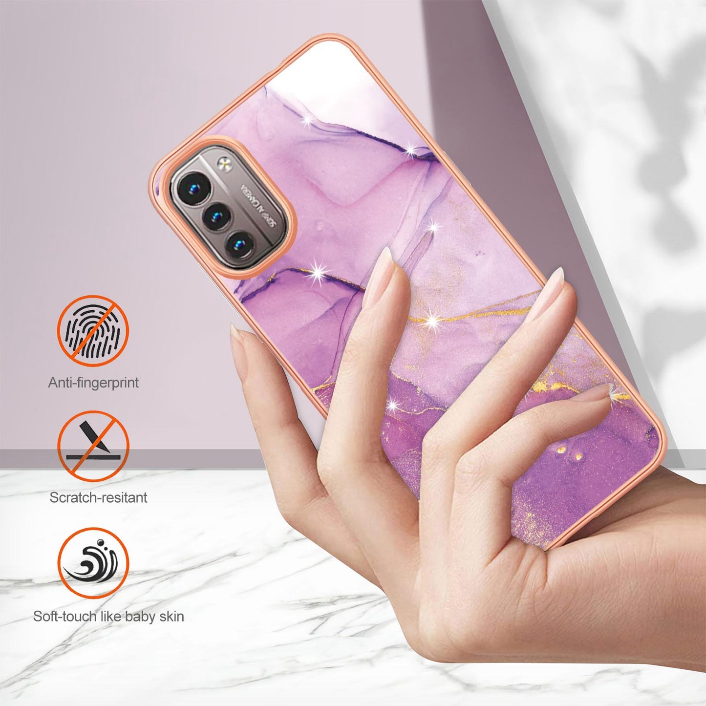 YB IMD Series-2 Phone Case for Nokia G21/G11, Soft Touch Electroplating Frame IMD Marble Pattern TPU Cover