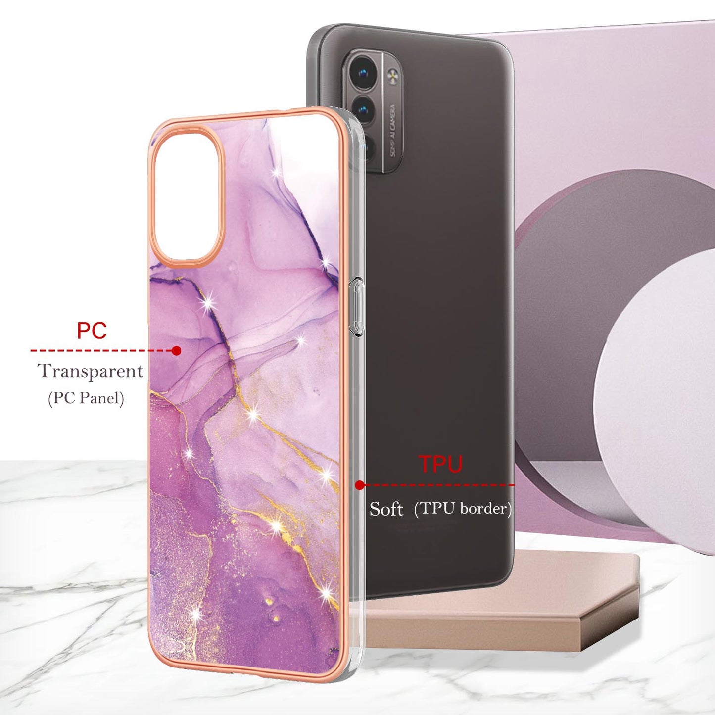 YB IMD Series-2 Phone Case for Nokia G21/G11, Soft Touch Electroplating Frame IMD Marble Pattern TPU Cover