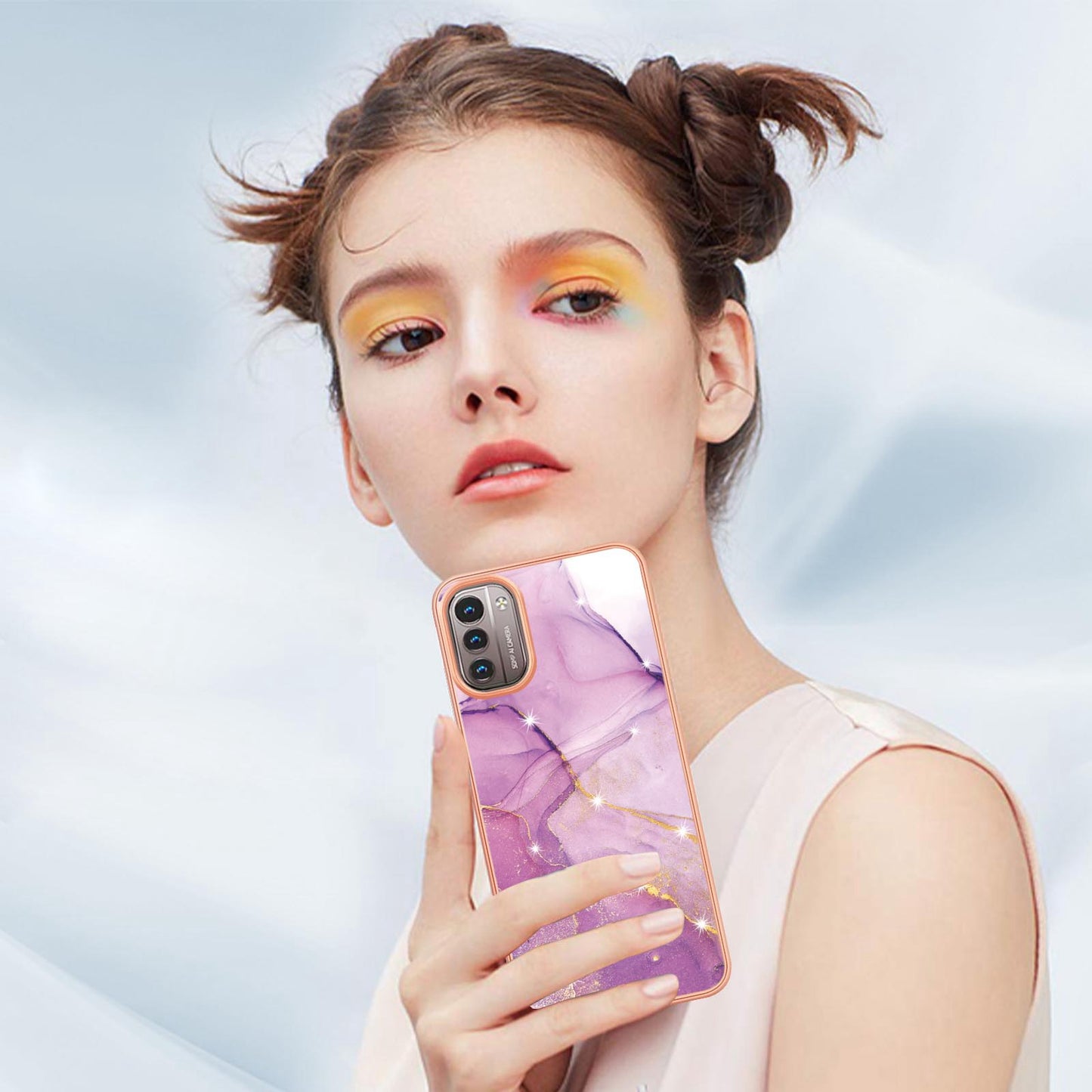 YB IMD Series-2 Phone Case for Nokia G21/G11, Soft Touch Electroplating Frame IMD Marble Pattern TPU Cover