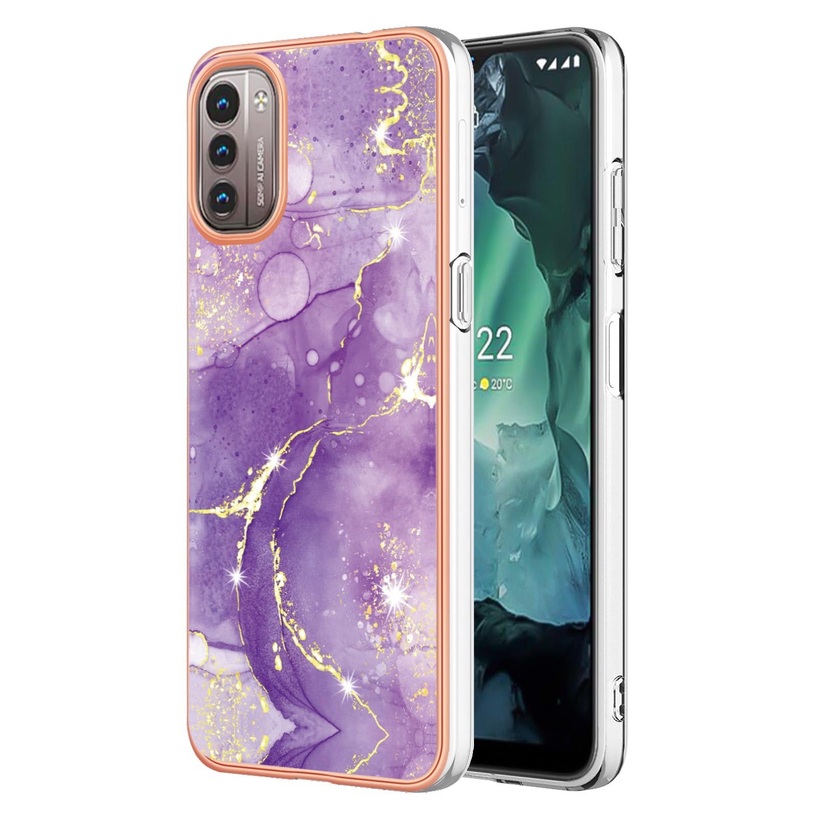 YB IMD Series-2 Phone Case for Nokia G21/G11, Soft Touch Electroplating Frame IMD Marble Pattern TPU Cover