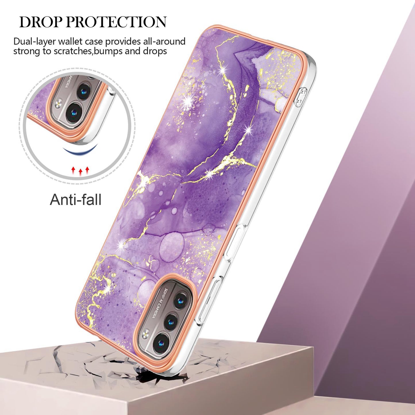 YB IMD Series-2 Phone Case for Nokia G21/G11, Soft Touch Electroplating Frame IMD Marble Pattern TPU Cover