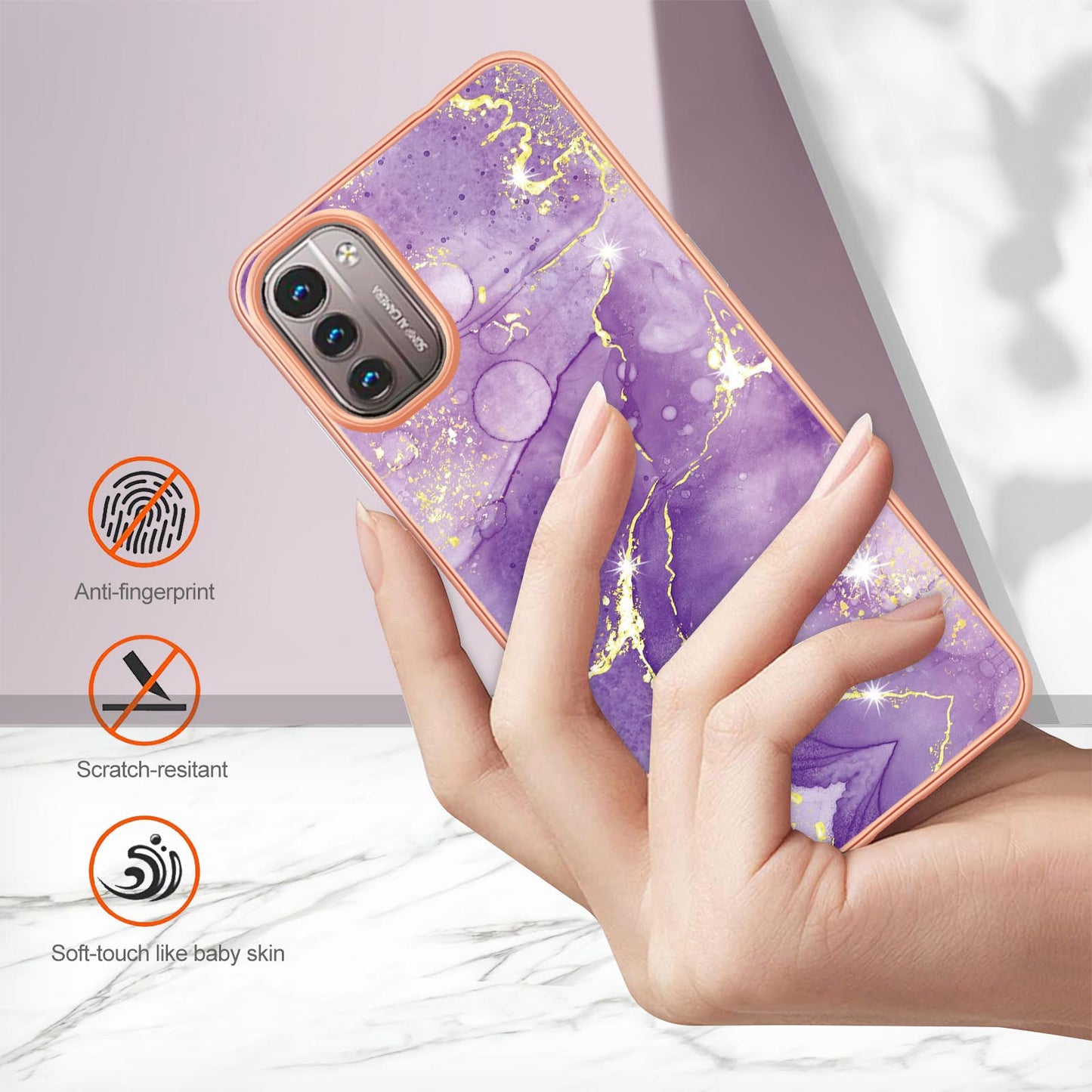 YB IMD Series-2 Phone Case for Nokia G21/G11, Soft Touch Electroplating Frame IMD Marble Pattern TPU Cover