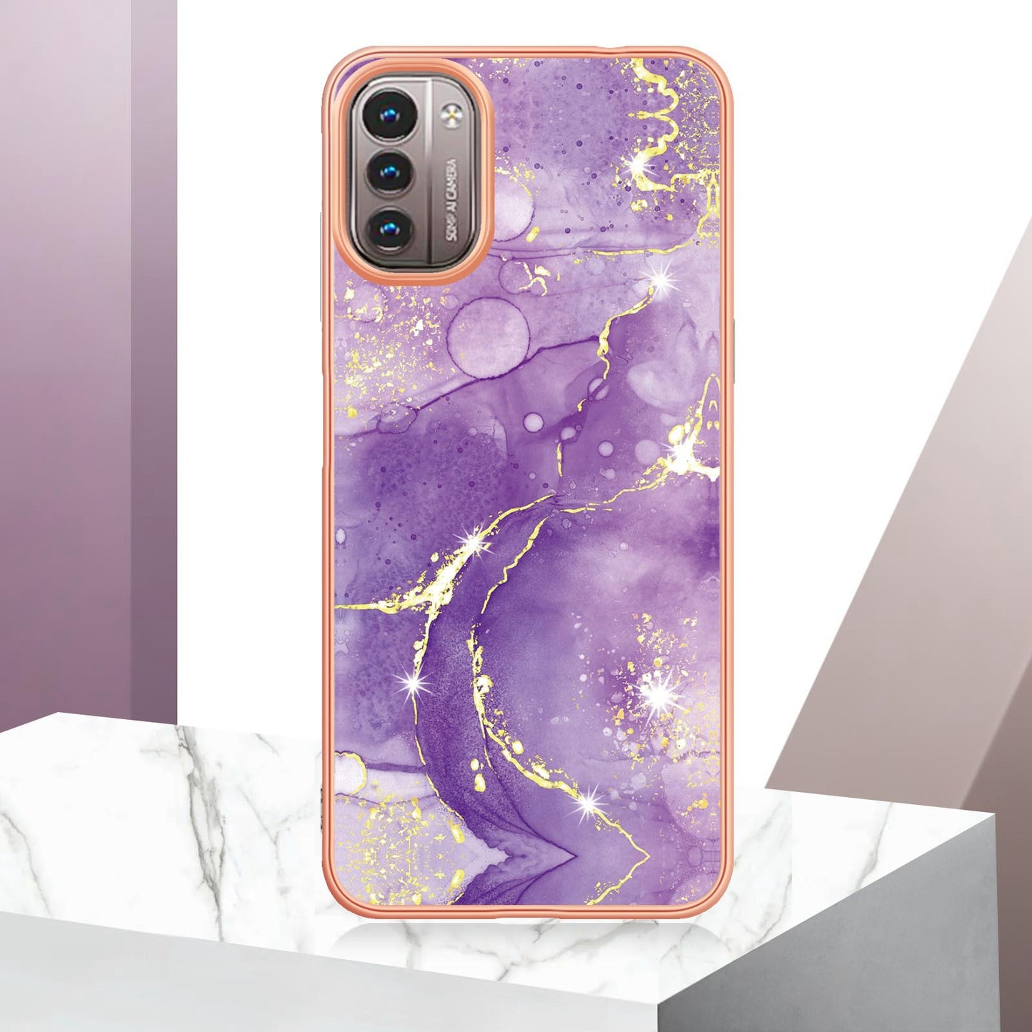 YB IMD Series-2 Phone Case for Nokia G21/G11, Soft Touch Electroplating Frame IMD Marble Pattern TPU Cover