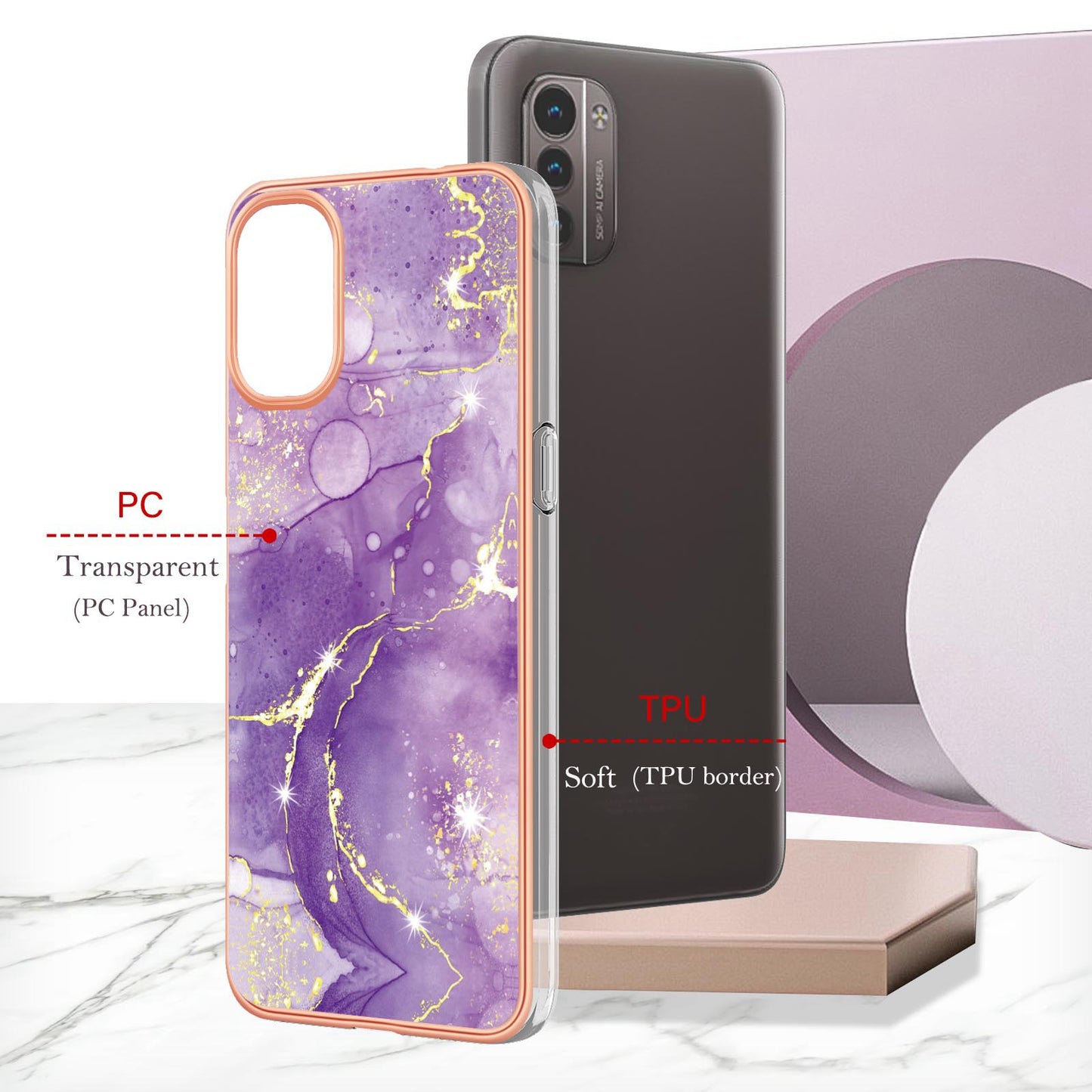 YB IMD Series-2 Phone Case for Nokia G21/G11, Soft Touch Electroplating Frame IMD Marble Pattern TPU Cover
