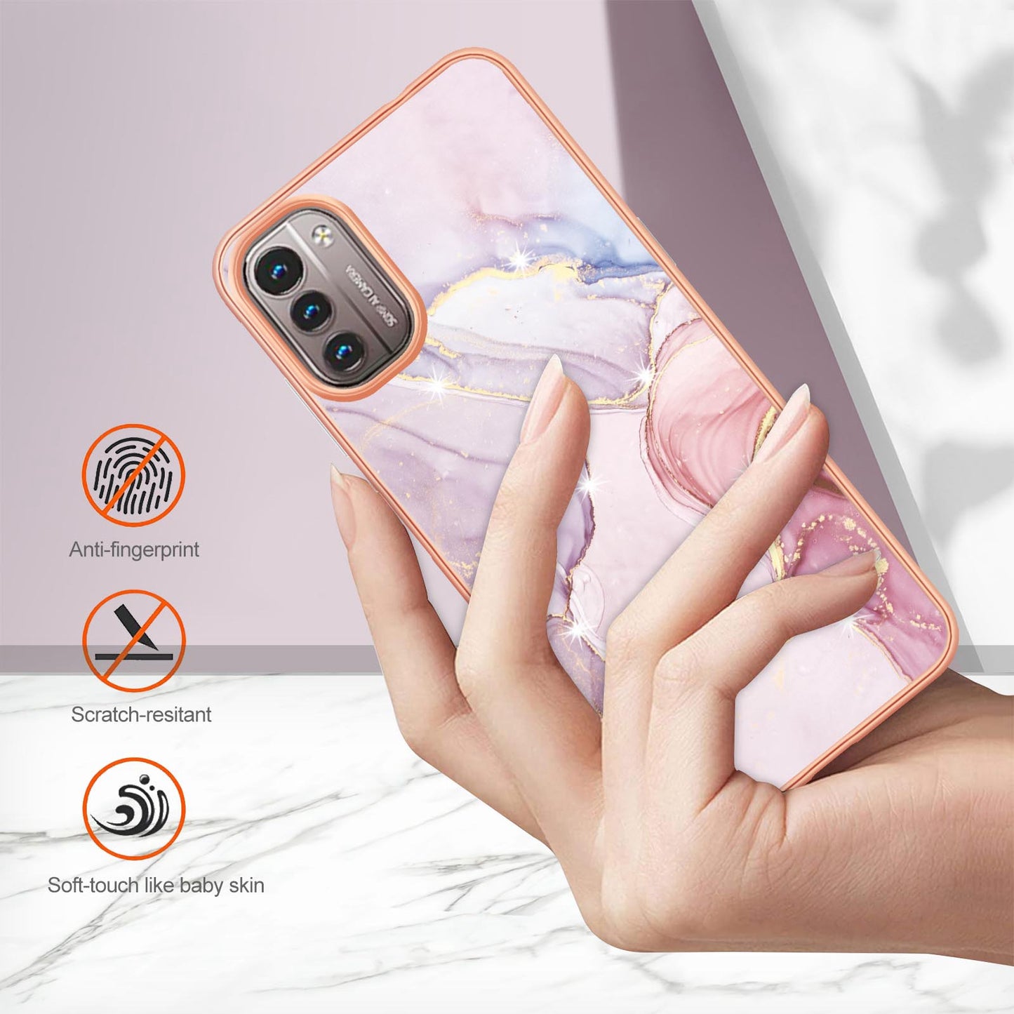 YB IMD Series-2 Phone Case for Nokia G21/G11, Soft Touch Electroplating Frame IMD Marble Pattern TPU Cover
