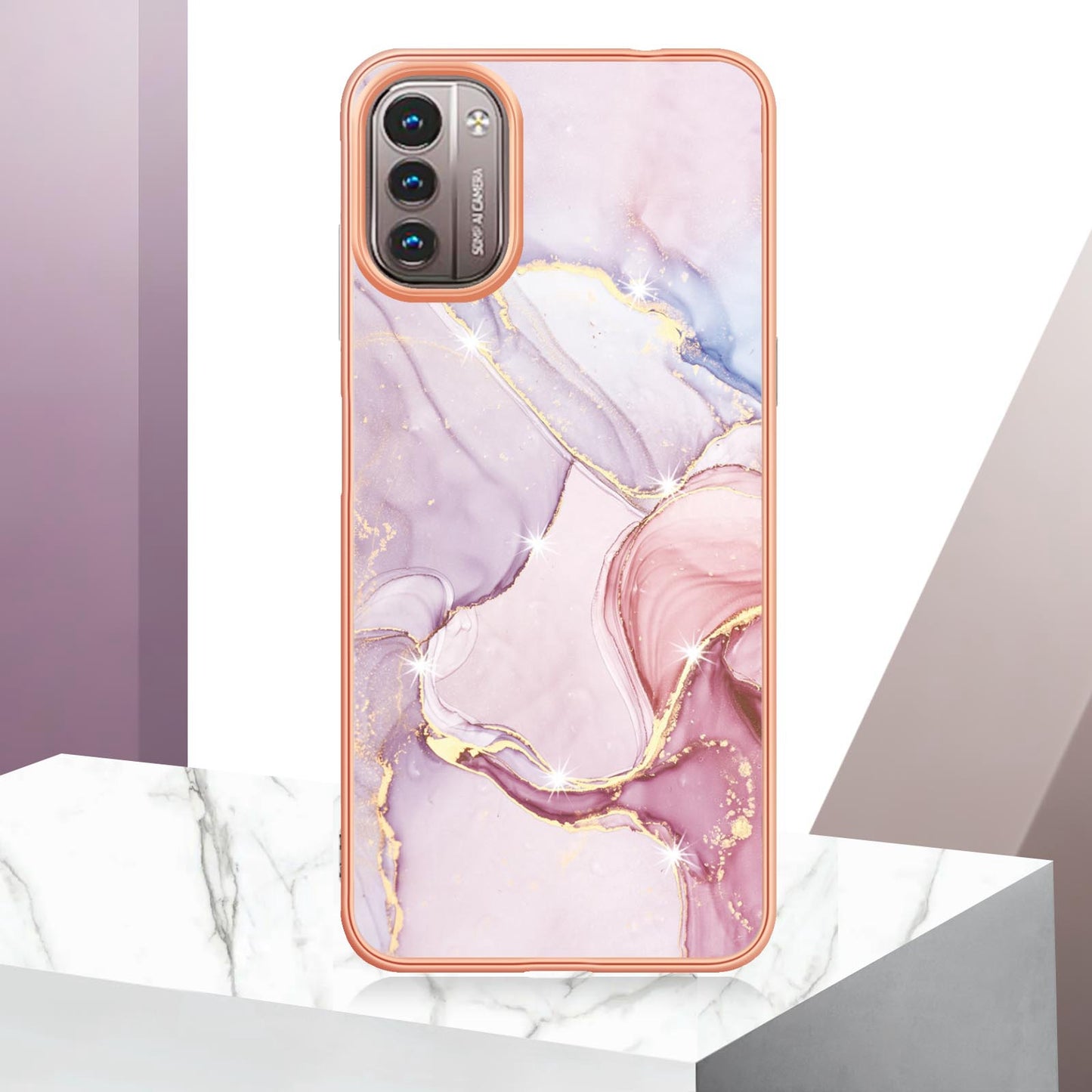 YB IMD Series-2 Phone Case for Nokia G21/G11, Soft Touch Electroplating Frame IMD Marble Pattern TPU Cover