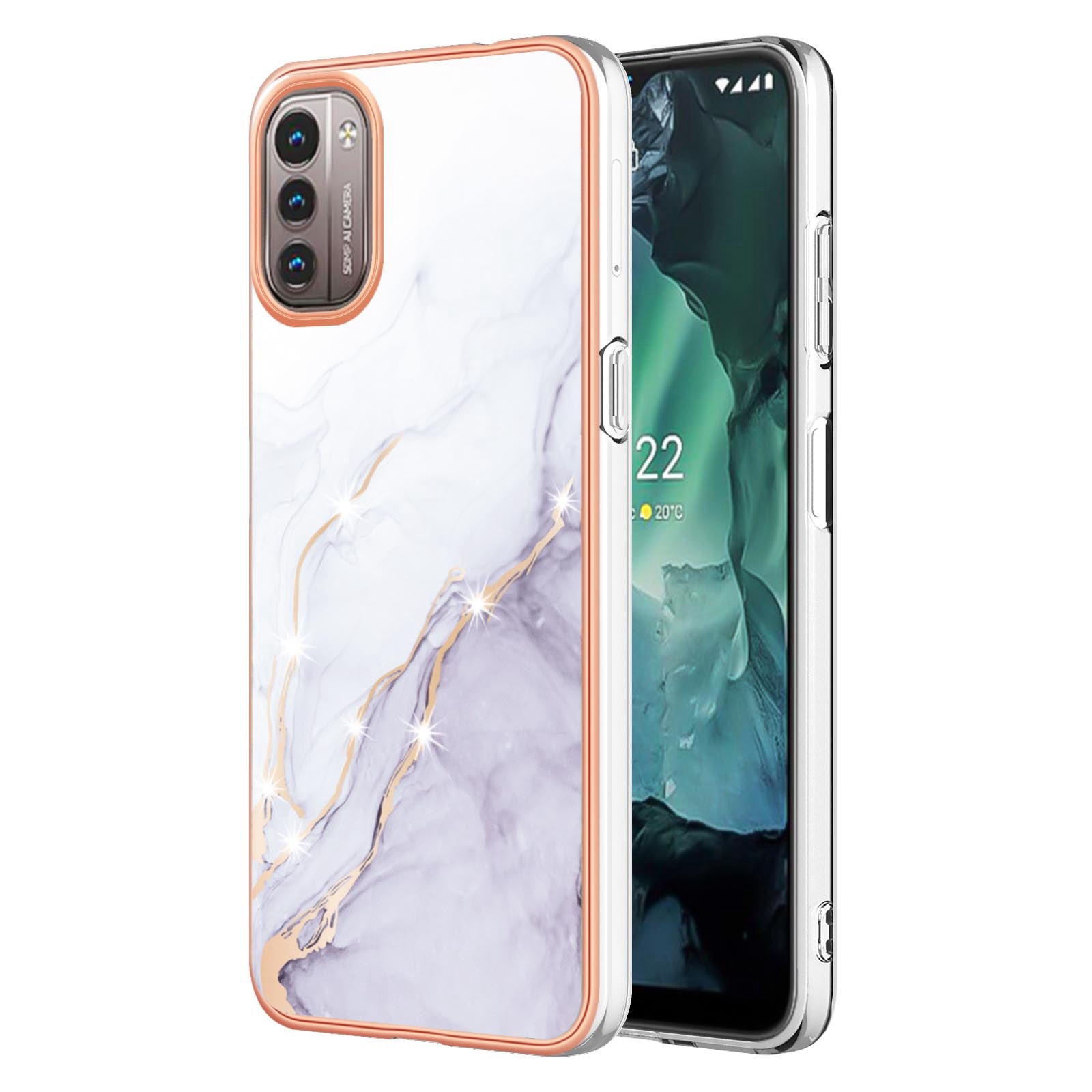 YB IMD Series-2 Phone Case for Nokia G21/G11, Soft Touch Electroplating Frame IMD Marble Pattern TPU Cover