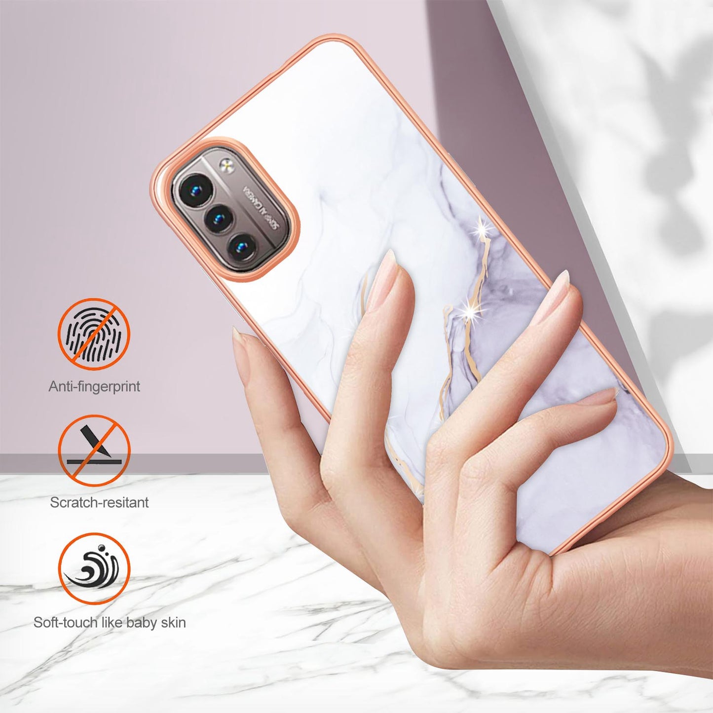 YB IMD Series-2 Phone Case for Nokia G21/G11, Soft Touch Electroplating Frame IMD Marble Pattern TPU Cover