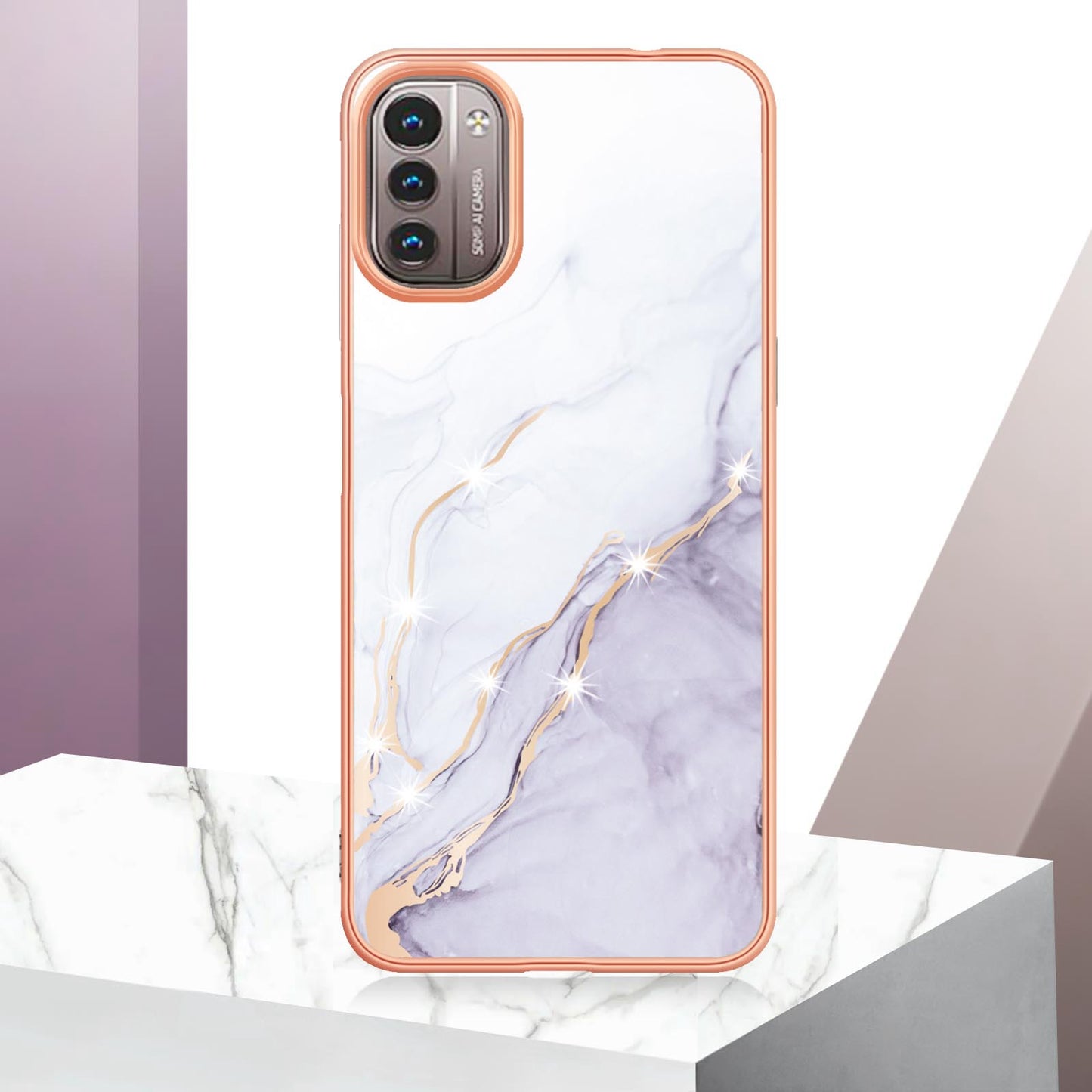 YB IMD Series-2 Phone Case for Nokia G21/G11, Soft Touch Electroplating Frame IMD Marble Pattern TPU Cover