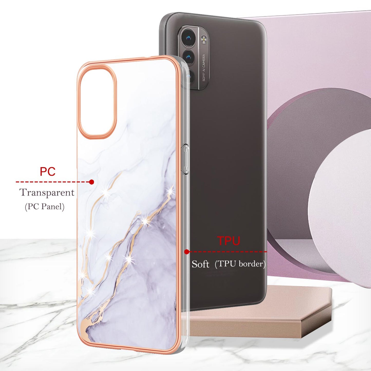 YB IMD Series-2 Phone Case for Nokia G21/G11, Soft Touch Electroplating Frame IMD Marble Pattern TPU Cover
