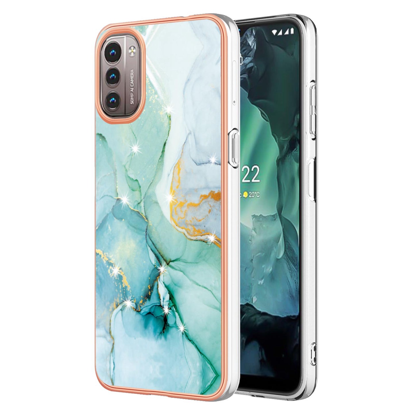 YB IMD Series-2 Phone Case for Nokia G21/G11, Soft Touch Electroplating Frame IMD Marble Pattern TPU Cover