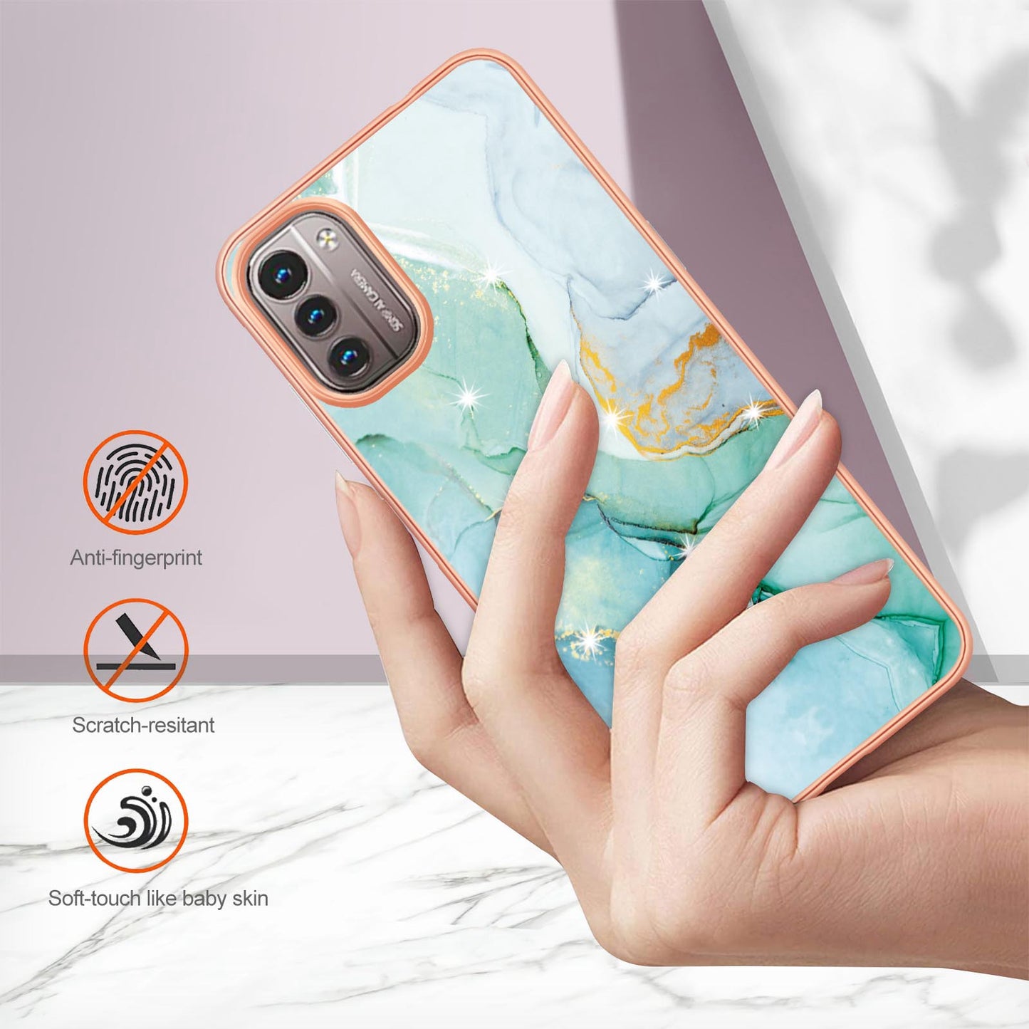 YB IMD Series-2 Phone Case for Nokia G21/G11, Soft Touch Electroplating Frame IMD Marble Pattern TPU Cover