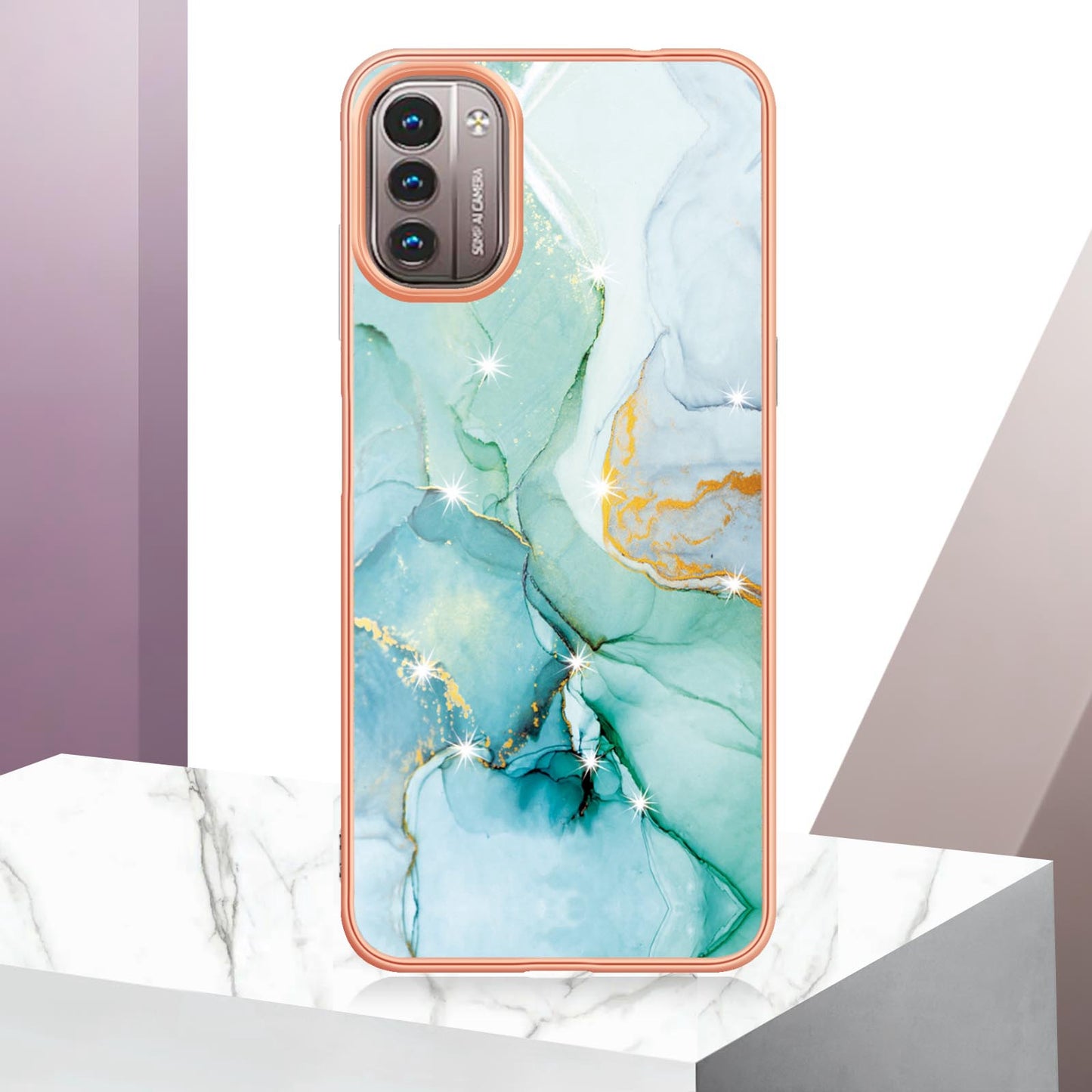 YB IMD Series-2 Phone Case for Nokia G21/G11, Soft Touch Electroplating Frame IMD Marble Pattern TPU Cover