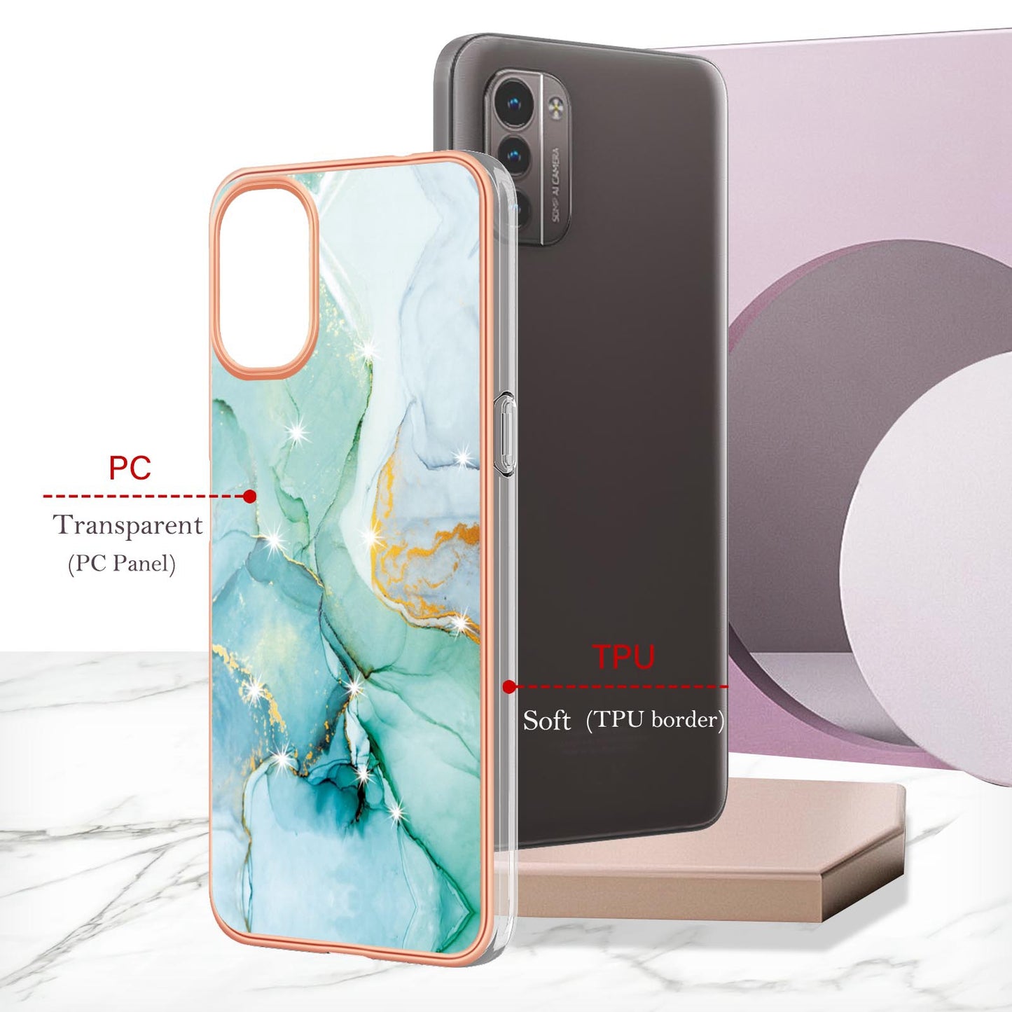YB IMD Series-2 Phone Case for Nokia G21/G11, Soft Touch Electroplating Frame IMD Marble Pattern TPU Cover