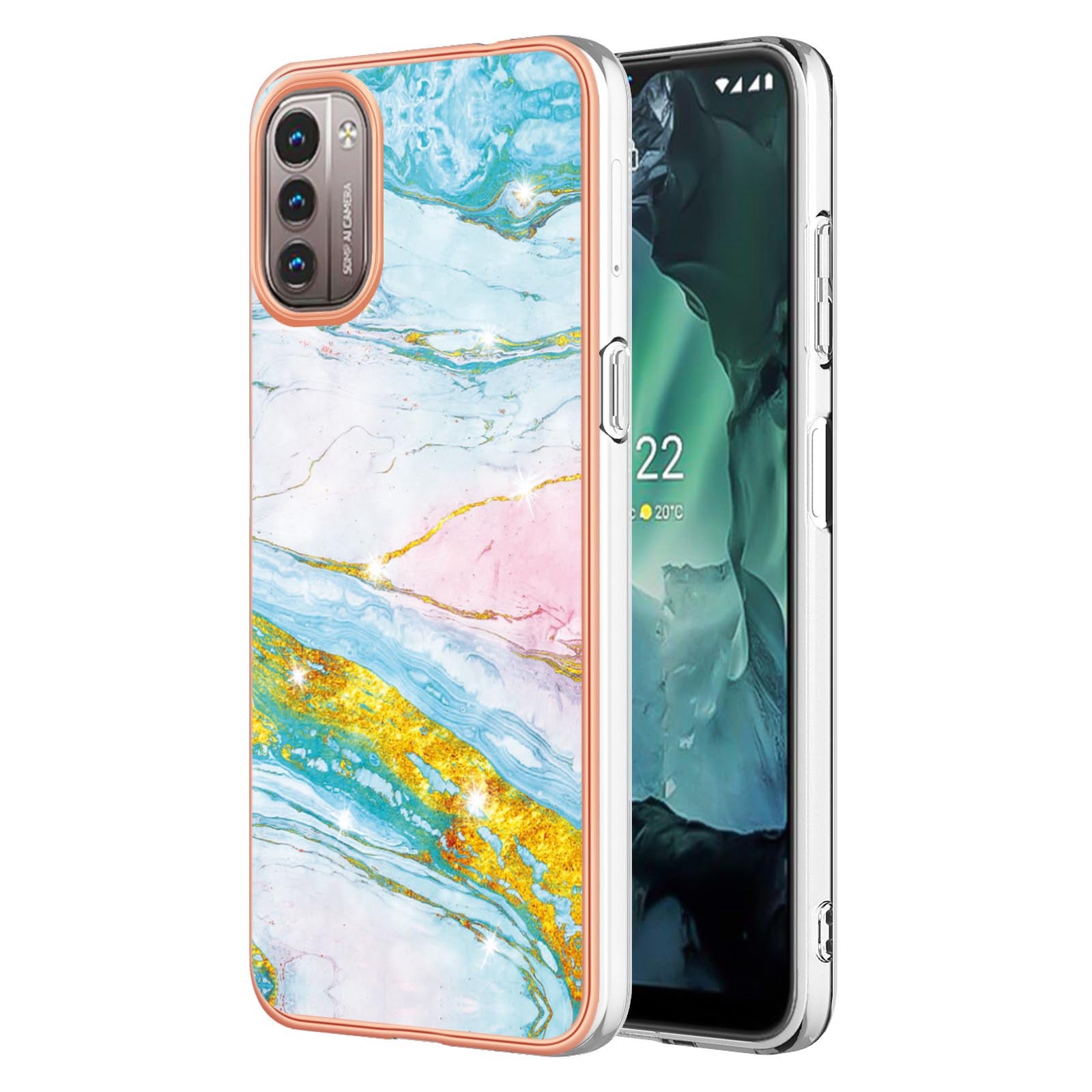 YB IMD Series-2 Phone Case for Nokia G21/G11, Soft Touch Electroplating Frame IMD Marble Pattern TPU Cover
