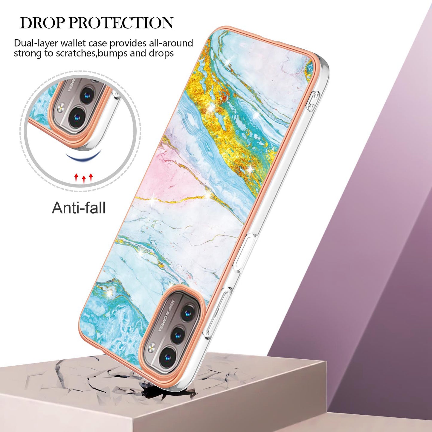 YB IMD Series-2 Phone Case for Nokia G21/G11, Soft Touch Electroplating Frame IMD Marble Pattern TPU Cover