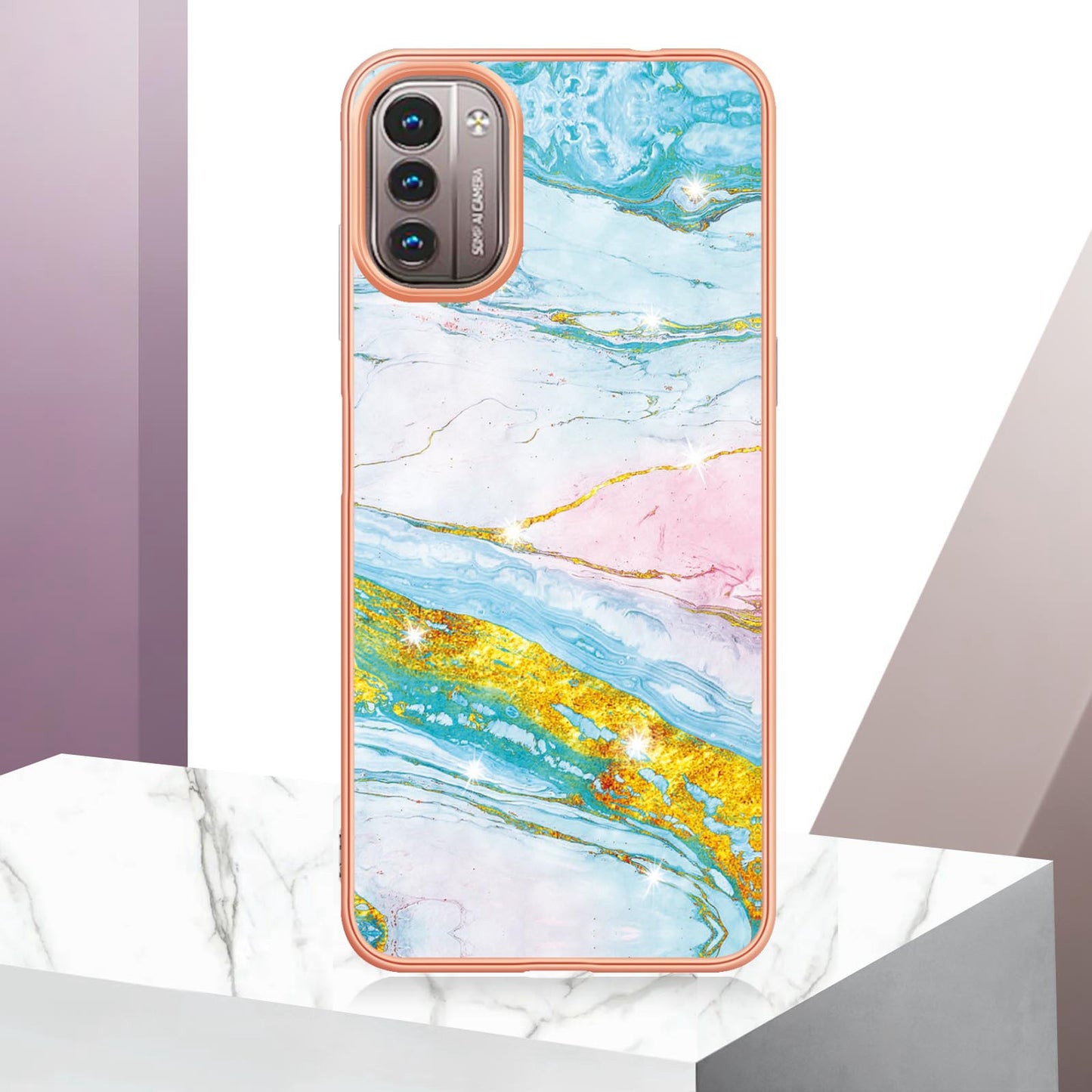 YB IMD Series-2 Phone Case for Nokia G21/G11, Soft Touch Electroplating Frame IMD Marble Pattern TPU Cover