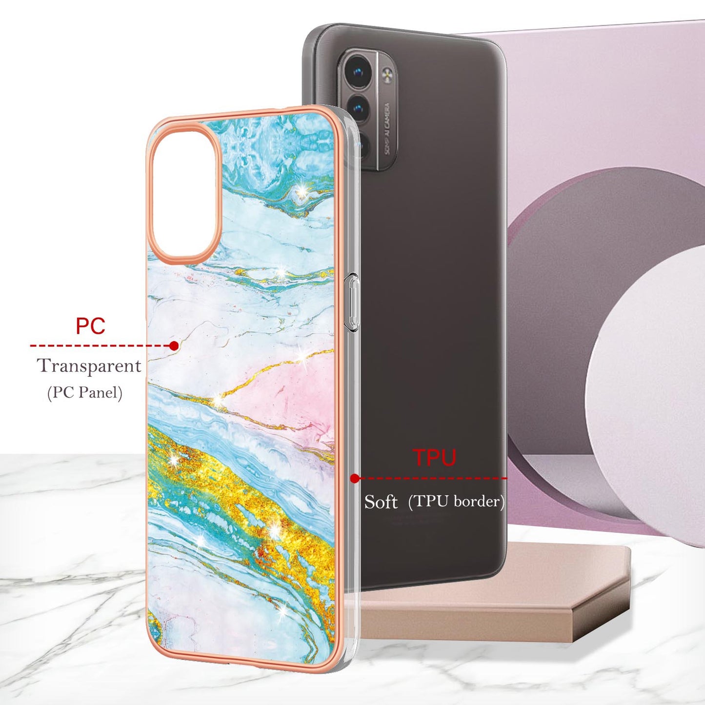 YB IMD Series-2 Phone Case for Nokia G21/G11, Soft Touch Electroplating Frame IMD Marble Pattern TPU Cover