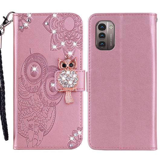 Rhinestone Decor Leather Case for Nokia G11/G21, Owl Flower Imprinted Wallet Stand Phone Cover