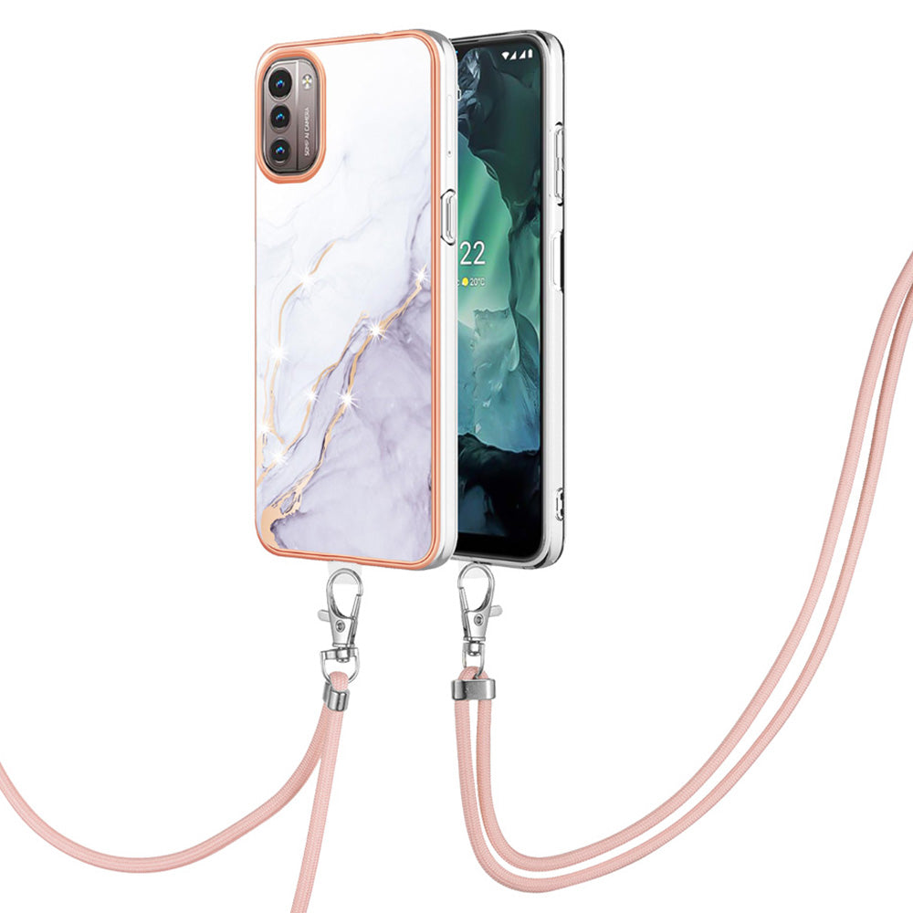 YB IMD Series-9 for Nokia G21/G11 IMD Marble Pattern TPU Case Electroplating Frame Mobile Phone Cover with Lanyard