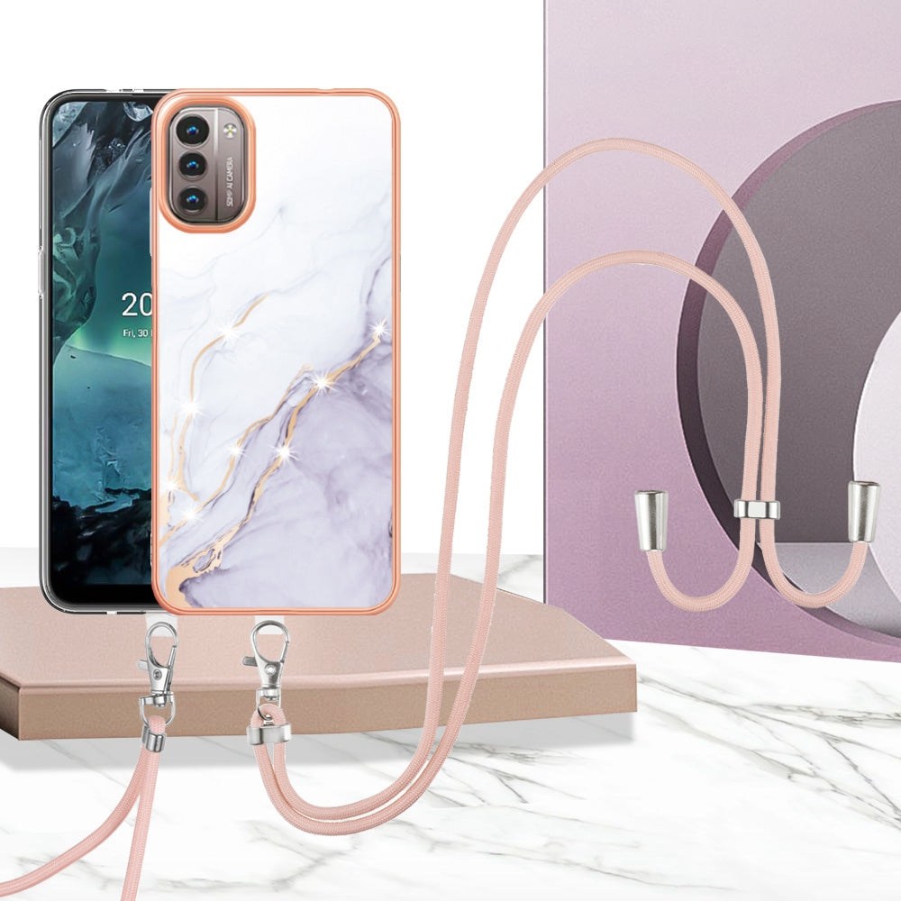 YB IMD Series-9 for Nokia G21/G11 IMD Marble Pattern TPU Case Electroplating Frame Mobile Phone Cover with Lanyard