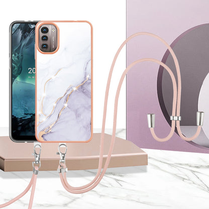 YB IMD Series-9 for Nokia G21/G11 IMD Marble Pattern TPU Case Electroplating Frame Mobile Phone Cover with Lanyard